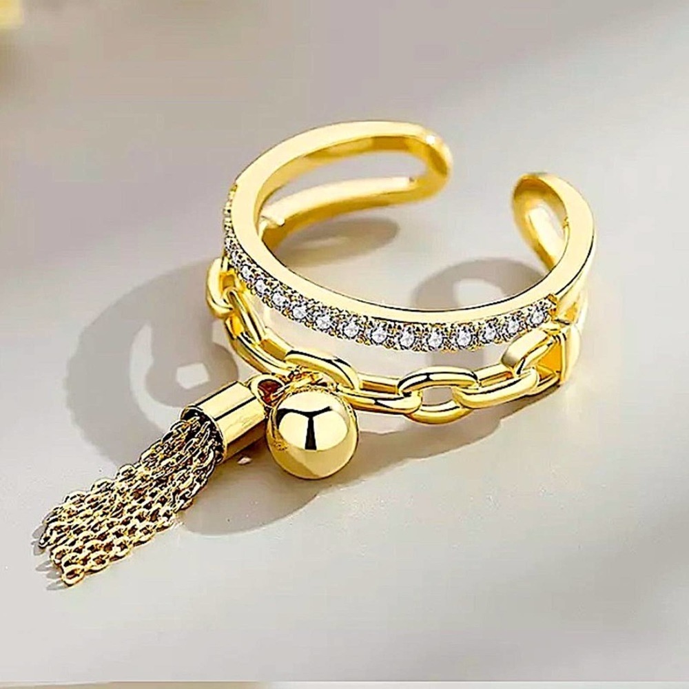 Tassel Ball Drop Gold Plated Double Stack Ring